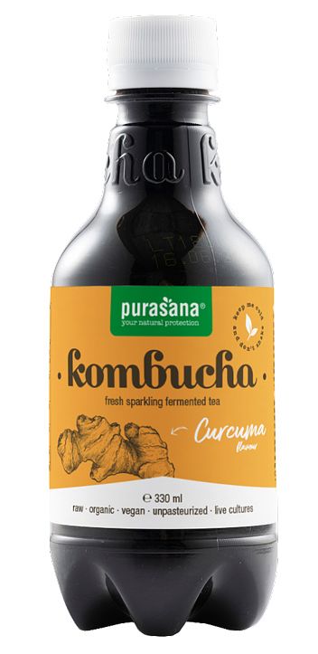 Foto van Purasana kombucha fresh sparkling fermented tea curcuma flavour