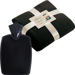 Foto van Winter voordeel combi - fleece deken zwart met warmwaterkruik goud 2 liter - plaids