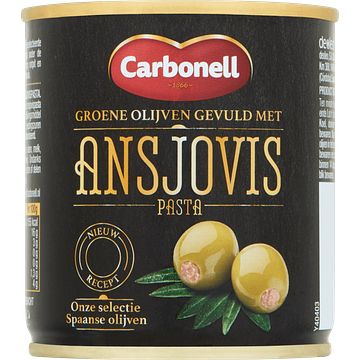 Foto van Carbonell groene olijven gevuld met ansjovis pasta 200g bij jumbo