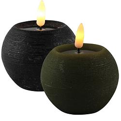 Foto van Led kaarsen/bolkaarsen - 2x- rond - zwart en olijf groen -d8 x h7,5 cm - led kaarsen