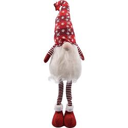 Foto van Gnome staand 108 cm en laag naar 70 cm rood met led kerst kabouter puntmuts gevuld met pluche kerstversiering