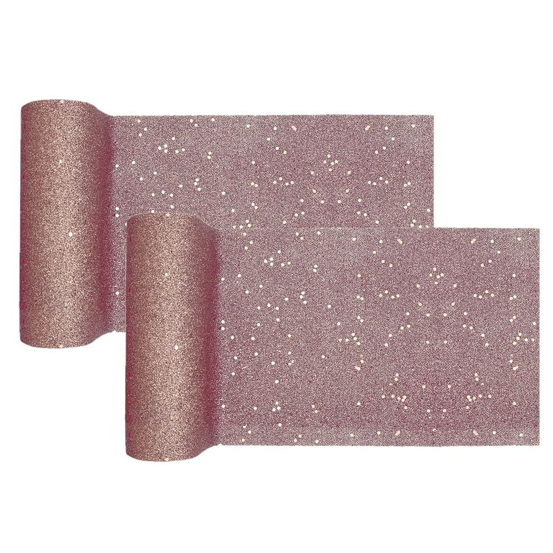 Foto van Santex tafelloper op rol - 2x - rose goud glitter - 18 x 500 cm - polyester - feesttafelkleden