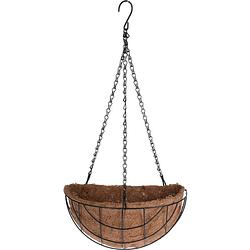 Foto van Metalen hanging basket / plantenbak halfrond zwart met ketting 26 cm - hangende bloemen - plantenbakken