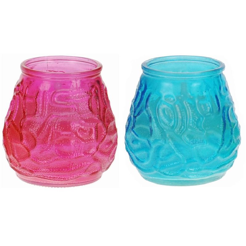 Foto van Set van 2x windlichten geurkaarsen citronella anti muggen roze en blauw glas - geurkaarsen