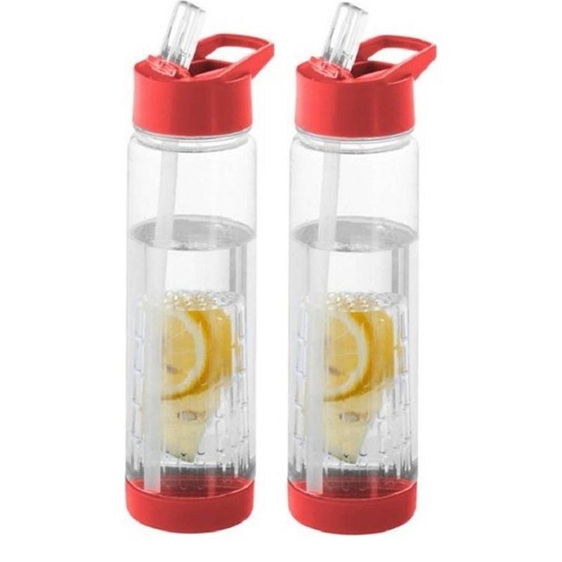 Foto van 2x rode drinkflessen/waterflessen met fruit infuser 740 ml - drinkflessen