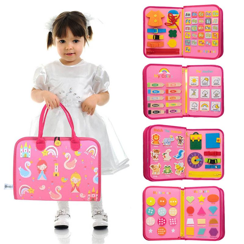 Foto van Montiplay® montessori speelgoed roze - sensorisch speelgoed - activiteitenbord - busy board - educatief speelgoed