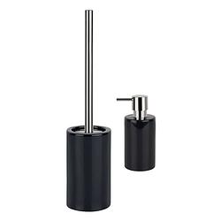 Foto van Spirella badkamer accessoires set - wc-borstel/zeeppompje - porselein - zwart - badkameraccessoireset
