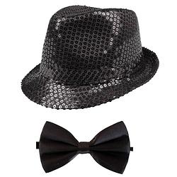 Foto van Carnaval verkleed set glitter hoed en strikje zwart - verkleedhoofddeksels