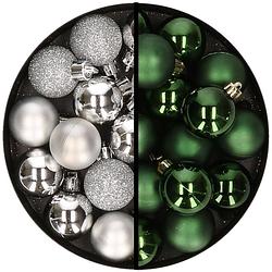 Foto van 36x stuks kunststof kerstballen zilver en donkergroen 3 en 4 cm - kerstbal