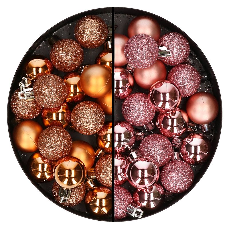 Foto van 40x stuks kleine kunststof kerstballen koper en roze 3 cm - kerstbal