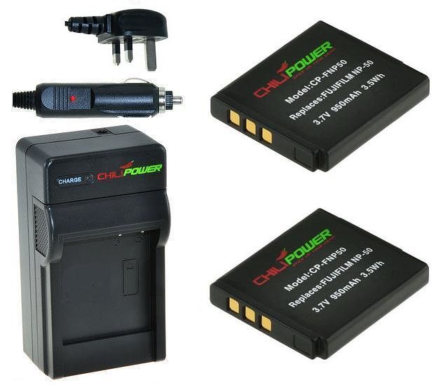 Foto van 2 x np-50 accu's voor fujifilm - charger kit + car-charger - uk version