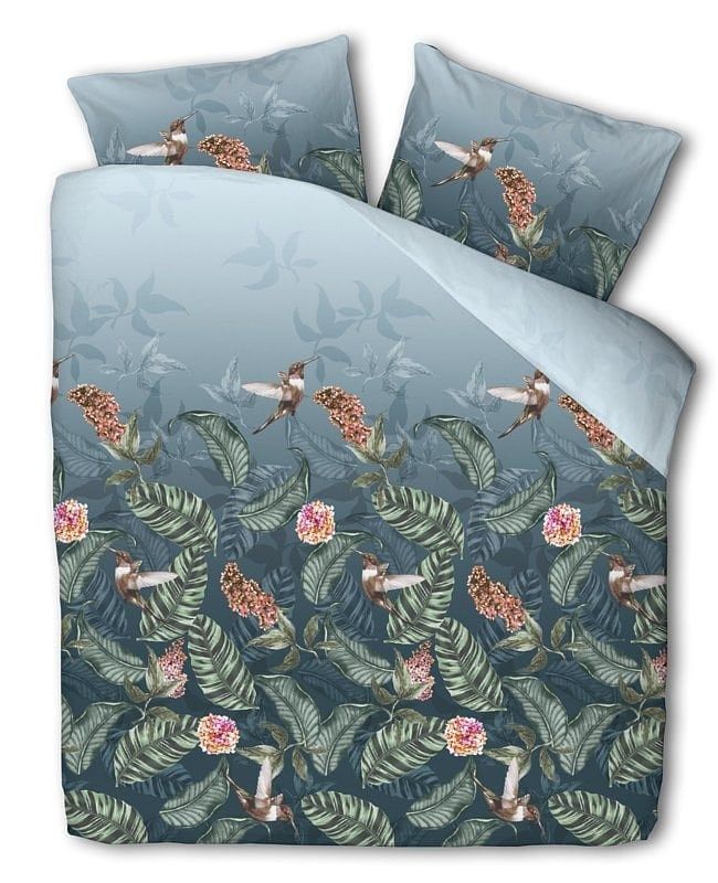 Foto van Dekbedovertrek birdy bowi - tweepersoons (200x220 cm) - blauw polyester-katoen - dessin: natuur - fresh and co - dekbed-discounter.nl