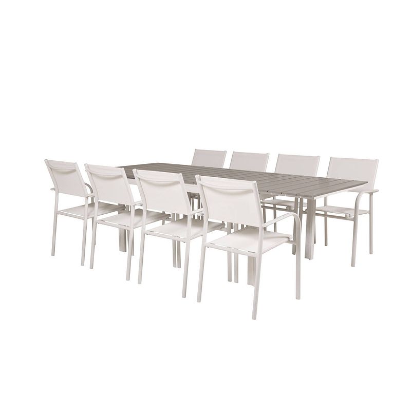 Foto van Levels tuinmeubelset tafel 100x160/240cm en 8 stoel santorini wit, grijs.