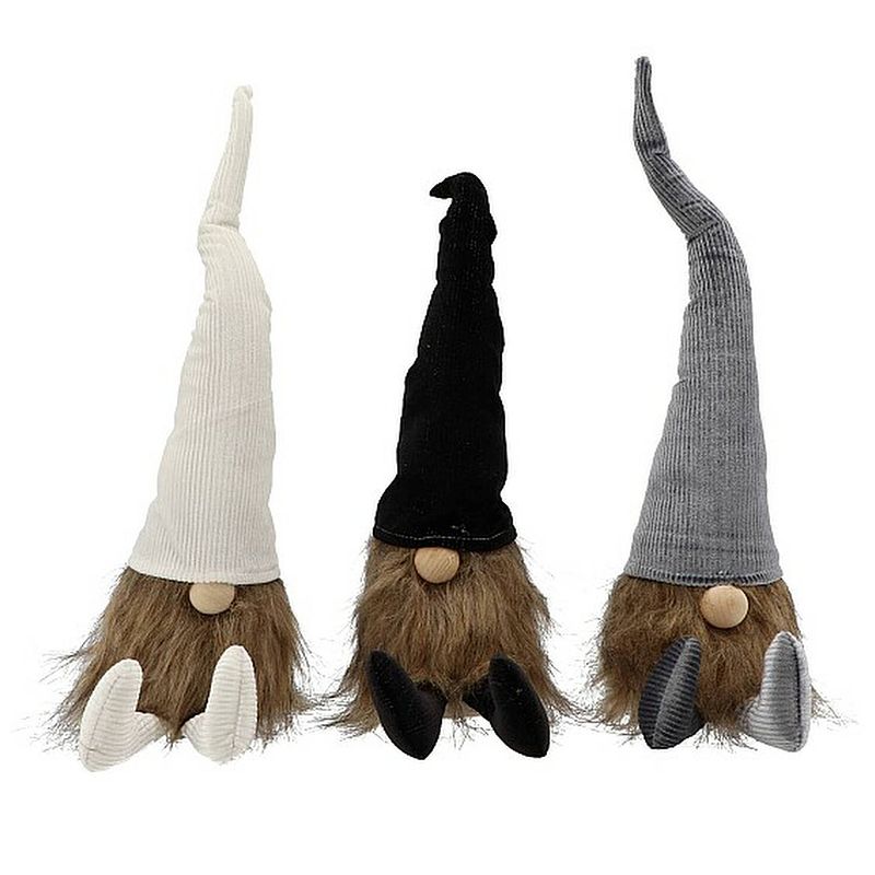 Foto van Kerst gnome kerst gnoom corduroy 37 x 18 cm - zwart, wit en grijs - 3 stuks