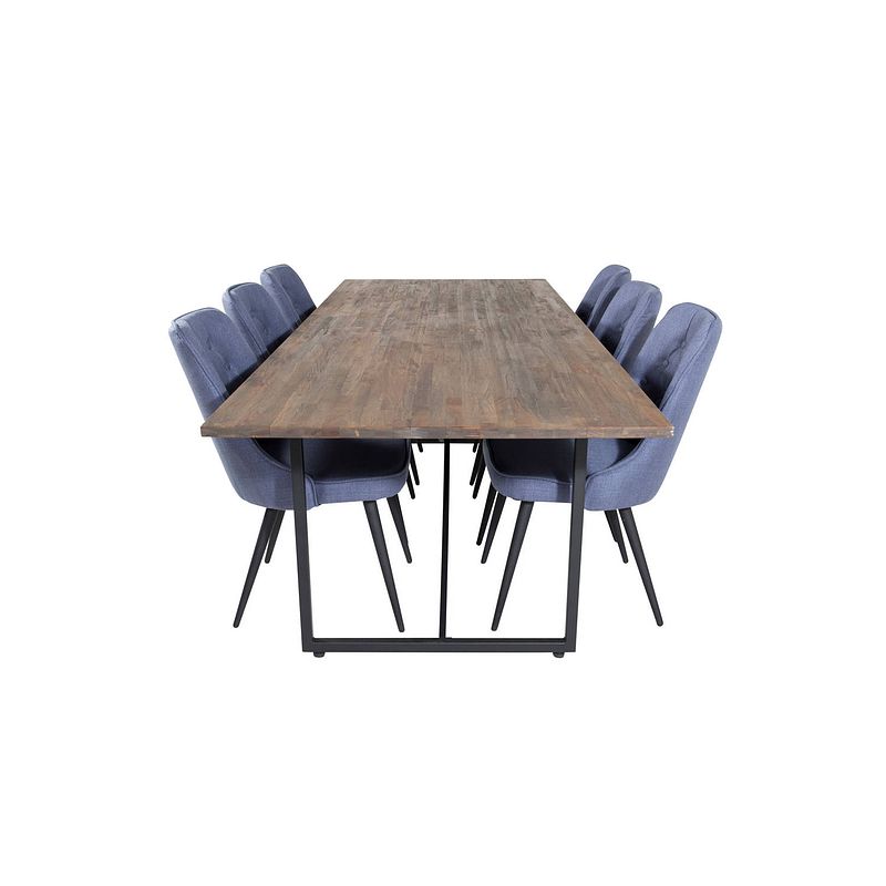 Foto van Padang eethoek eetkamertafel teakhout en 6 velvet deluxe eetkamerstal blauw, zwart.