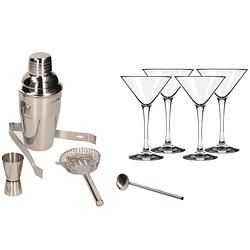 Foto van Cocktailshaker set rvs 5-delig inclusief 4x cocktail/martini glazen 260 ml - cocktailshakers