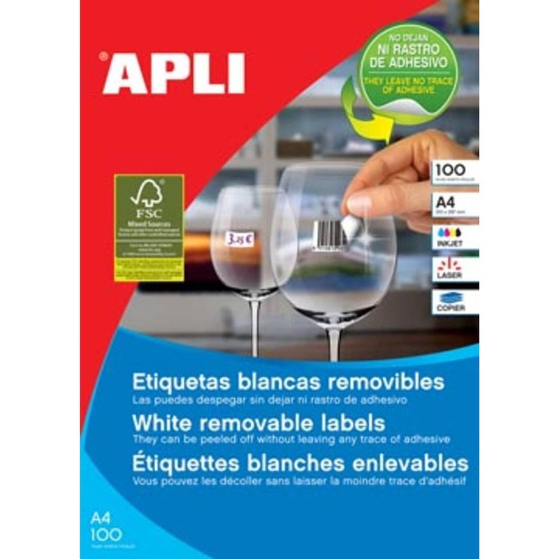 Foto van Apli afneembare witte etiketten ft 210 x 297 mm (b x h) (b x h), 100 stuks, 1 per blad (3060)