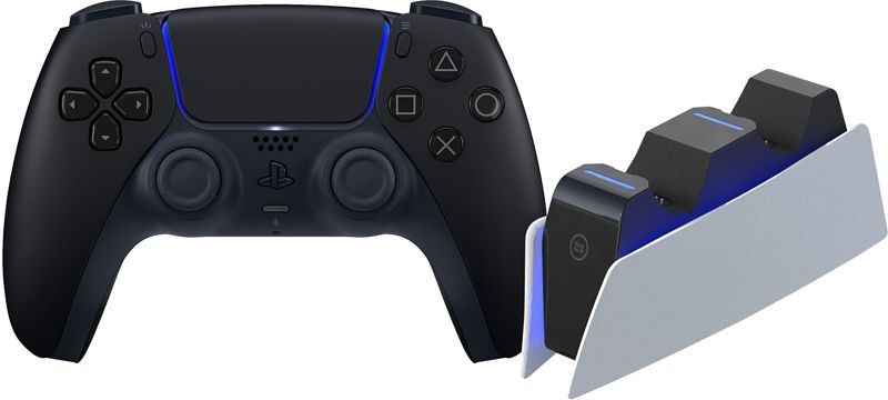 Foto van Sony playstation 5 dualsense draadloze controller midnight black + bluebuilt oplaadstation