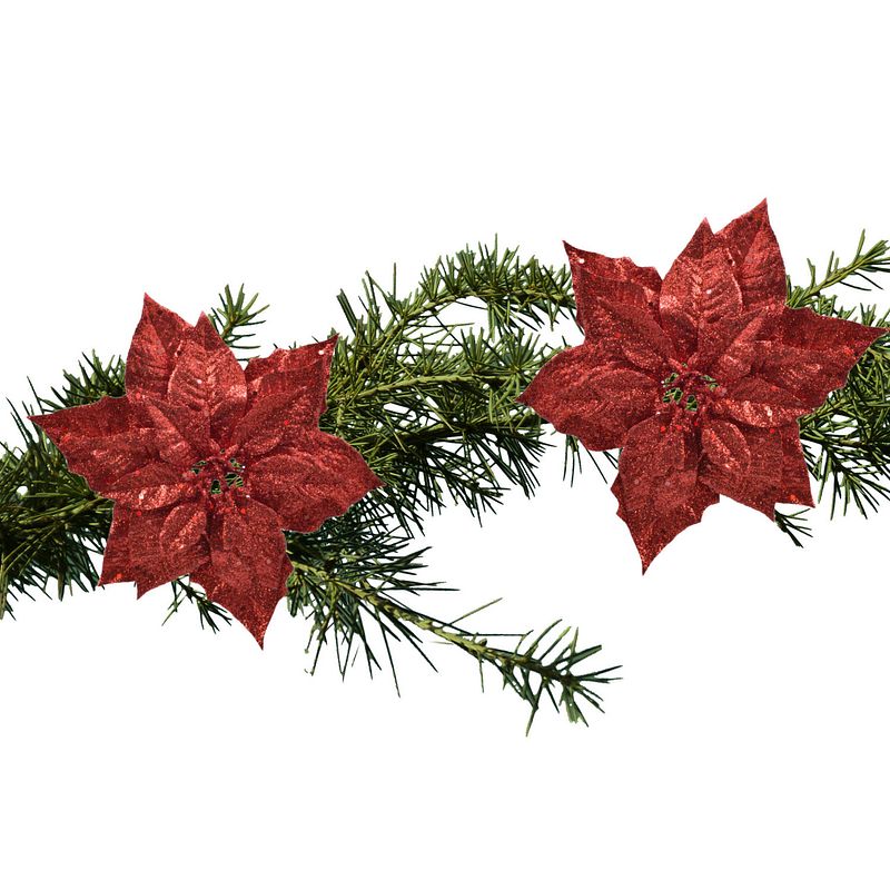 Foto van 2x stuks kerstboom decoratie bloemen rood glitter op clip 23 cm - kunstbloemen