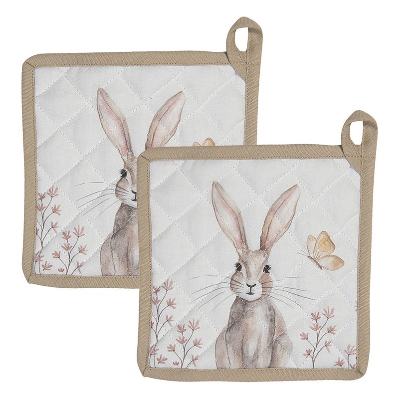 Foto van Haes deco - set van 2 pannenlappen - 20x20 cm - 100% katoen - rustic easter bunny