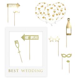 Foto van Partydeco photobooth selfie prop set best wedding - bruiloft - goud/wit - set 13x stuks - met frame - fotoprops
