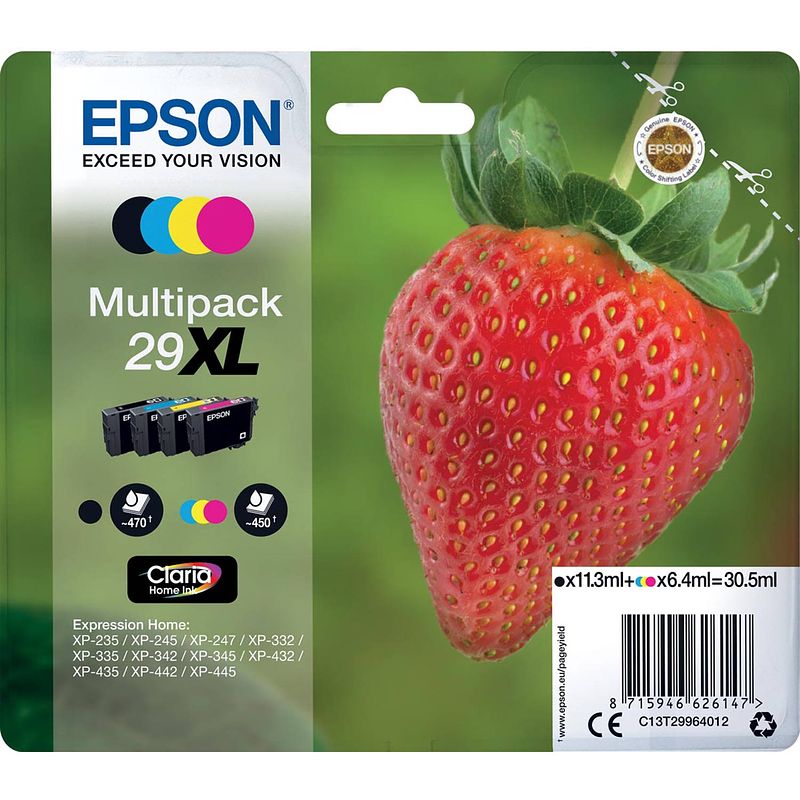 Foto van Epson inktcartridge 29xl, 450-470 pagina'ss, oem c13t29964012, 4 kleuren 8 stuks