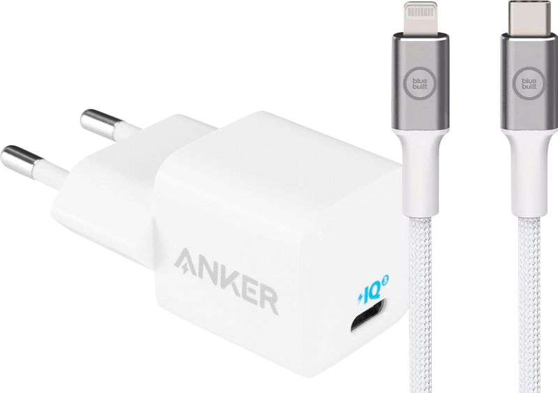 Foto van Anker power delivery oplader 20w + bluebuilt lightning kabel 1,5m nylon wit