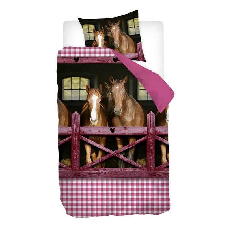 Foto van Snoozing horses flanel dekbedovertrek - flanel / katoen - peuter (120x150 cm + 1 sloop) - pink