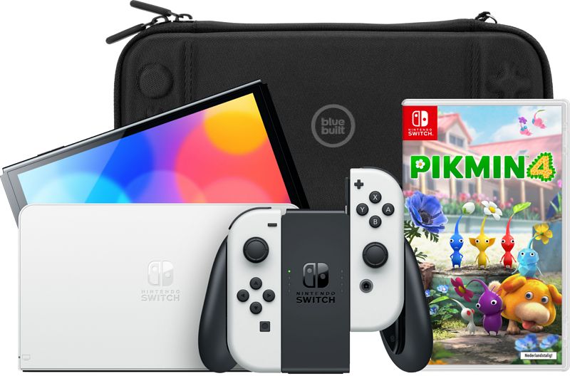 Foto van Nintendo switch oled wit + pikmin 4 + bluebuilt beschermhoes