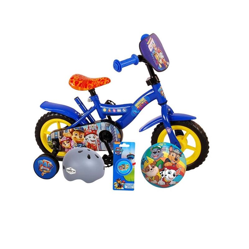 Foto van Volare kinderfiets paw patrol - 10 inch - blauw - doortrapper - inclusief fietshelm & accessoires