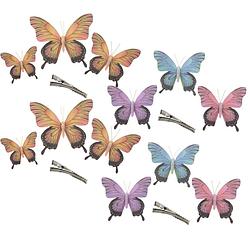 Foto van Othmar decorations decoratie vlinders op clip 12x stuks - paars/blauw/roze/geel - hobbydecoratieobject