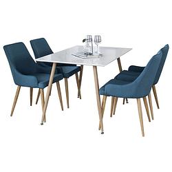 Foto van Polar120x80whna eethoek eetkamertafel wit en 4 plaza eetkamerstal blauw.