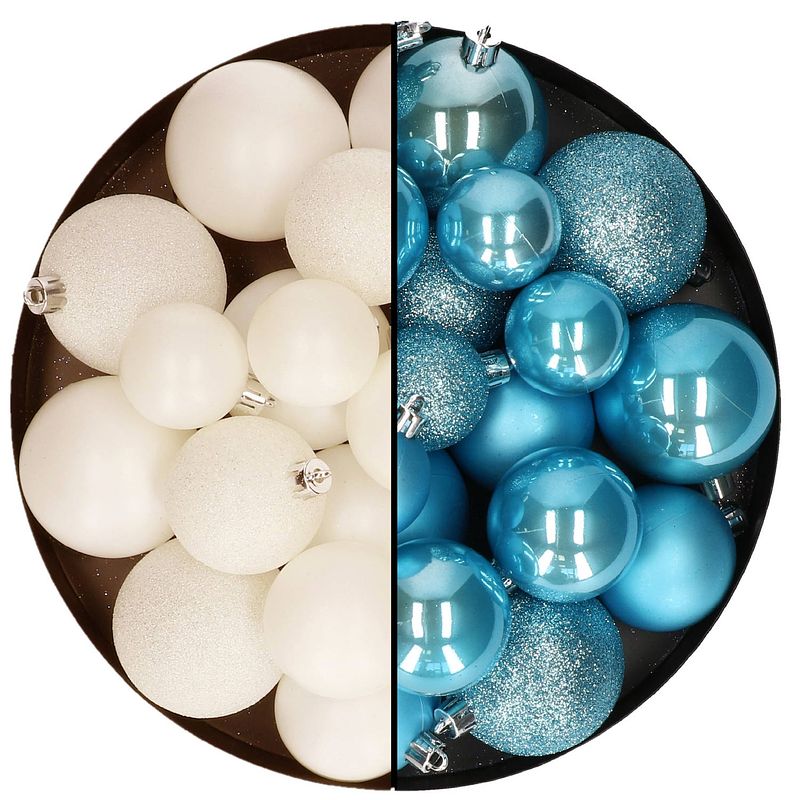 Foto van Kerstballen 60x stuks - mix wol wit/ijsblauw - 4-5-6 cm - kunststof - kerstbal