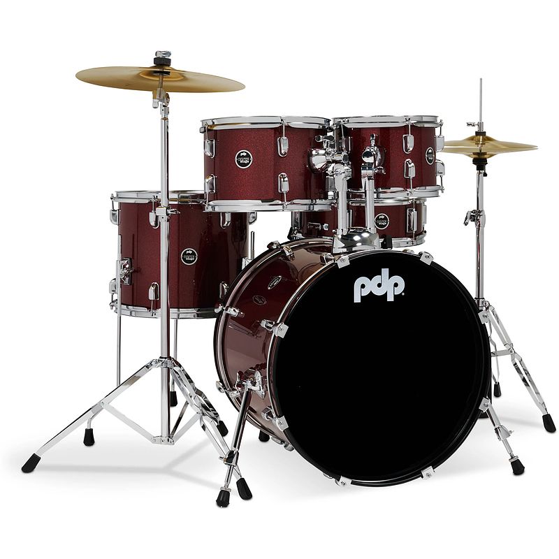 Foto van Pdp drums center stage fusion ruby red sparkle 5d. drumstel met bekkens en hardware