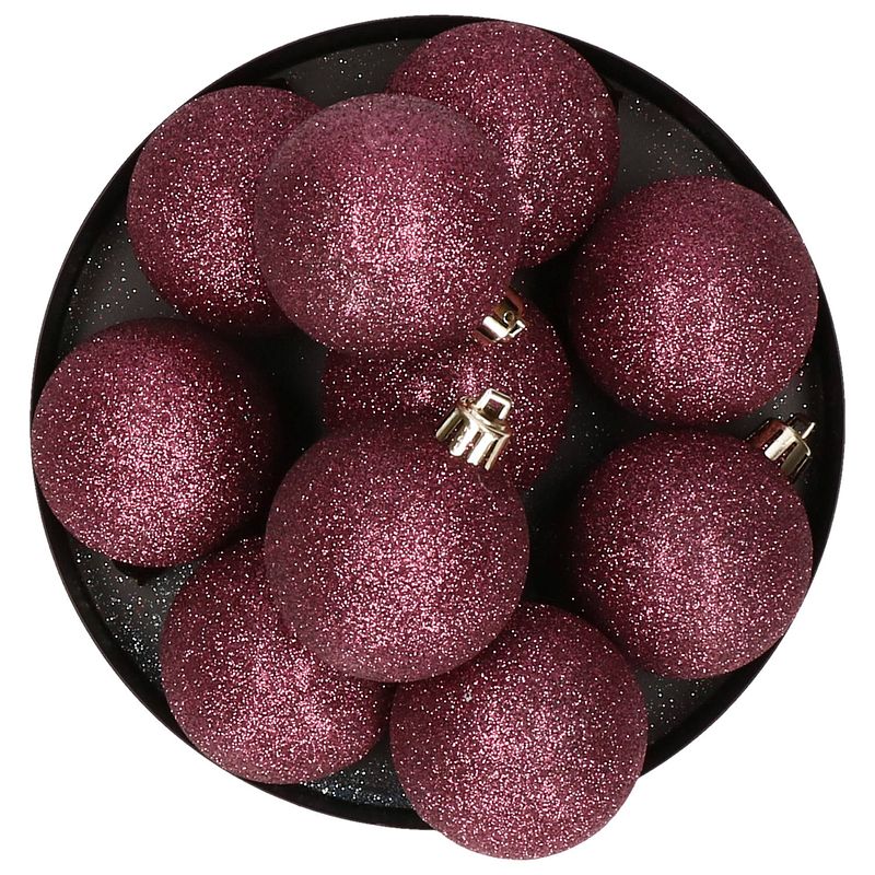 Foto van Kerstversiering set glitter kerstballen aubergine roze 6 - 8 -10 cm - pakket van 50x stuks - kerstbal