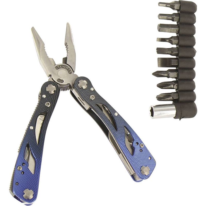 Foto van Highlander condor mul001 multitool met holster, met bitset aantal functies: 9 zilver-blauw