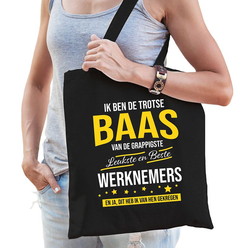 Foto van Trotse baas van de leukste werknemers katoenen cadeau tas zwart voor dames - feest boodschappentassen