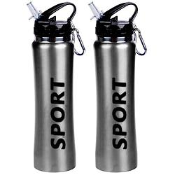 Foto van 2x sport bidon drinkfles/waterfles sport print zilver 600 ml - drinkflessen