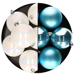 Foto van Decoris kerstballen - 12x st - 8 cm - parelmoer en blauw - kunststof - kerstbal