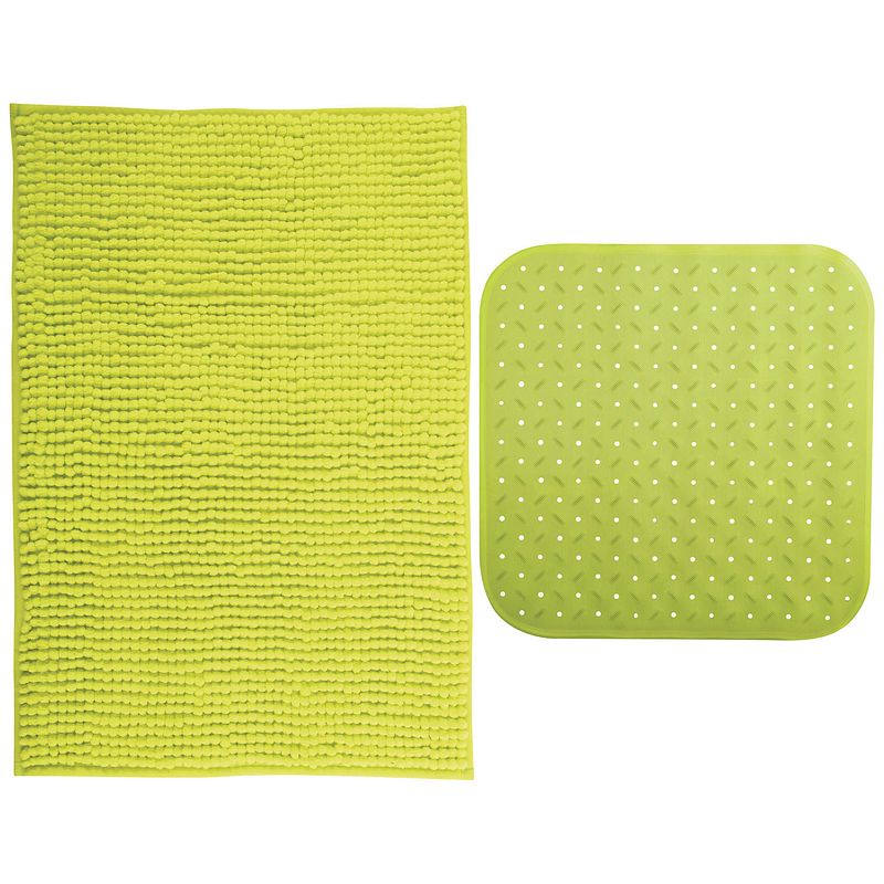 Foto van Msv douche anti-slip mat en droogloop mat - sevilla badkamer set - rubber/microvezel - limegroen - badmatjes