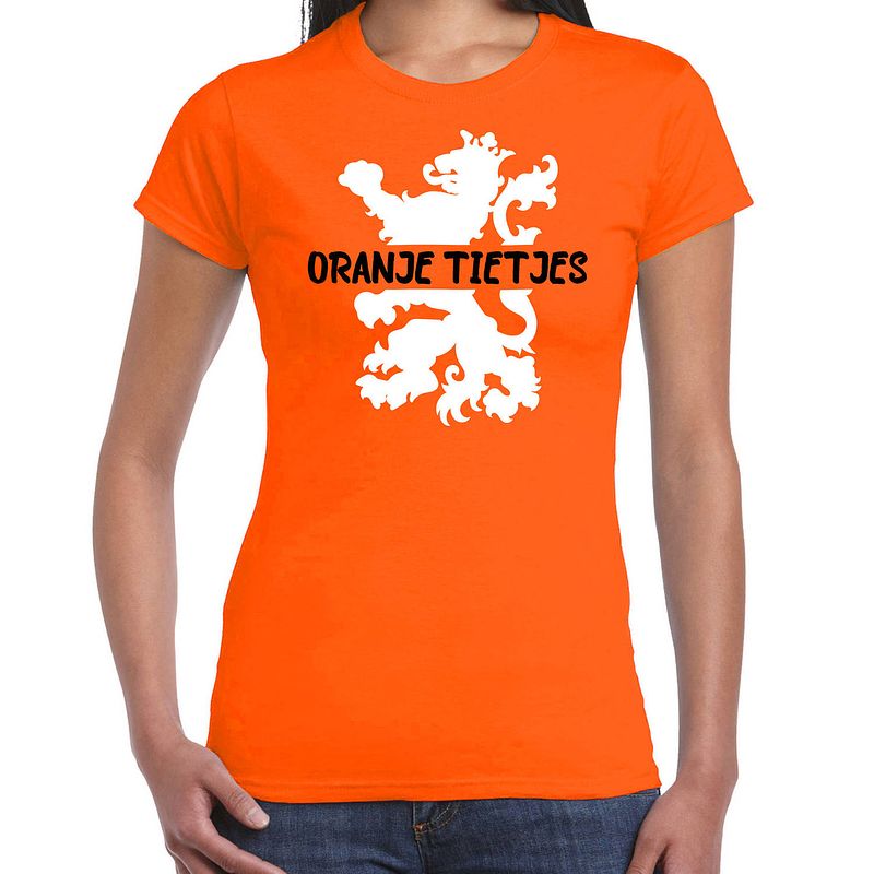 Foto van Oranje koningsdag t-shirt - oranje tietjes - dames l - feestshirts