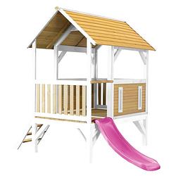 Foto van Axi akela speelhuis op palen & paarse glijbaan speelhuisje voor de tuin / buiten in bruin & wit van fsc hout