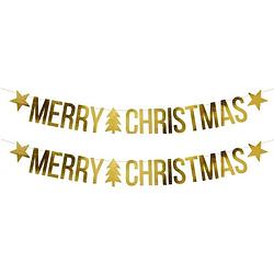 Foto van 2x merry christmas kerst feest/party banners letterslingers versiering karton 175 cm - feestslingers