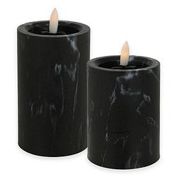 Foto van Led kaarsen/stompkaarsen - set 2x - zwart marmer look - h10 en h12,5 cm - timer - warm wit - led kaarsen