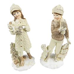 Foto van Clayre & eef beeld set van 2 kinderen 22 cm beige kunststof decoratief figuur decoratieve accessoires kerstdecoratie