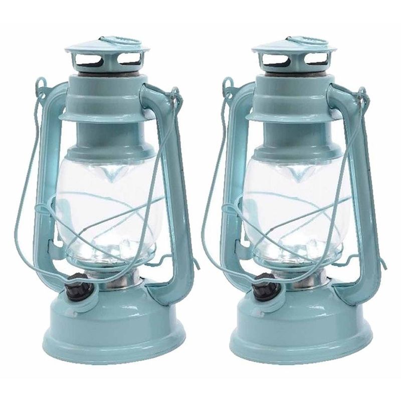 Foto van Set van 2 licht mintgroene led licht stormlantaarns 25 cm - campinglamp/campinglicht - koel licht mintgroene led lamp