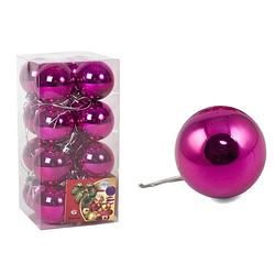 Foto van Gerimport kerstballen - 16 stuks -fuchsia roze - glansa - 5 cm - kunststof - kerstbal