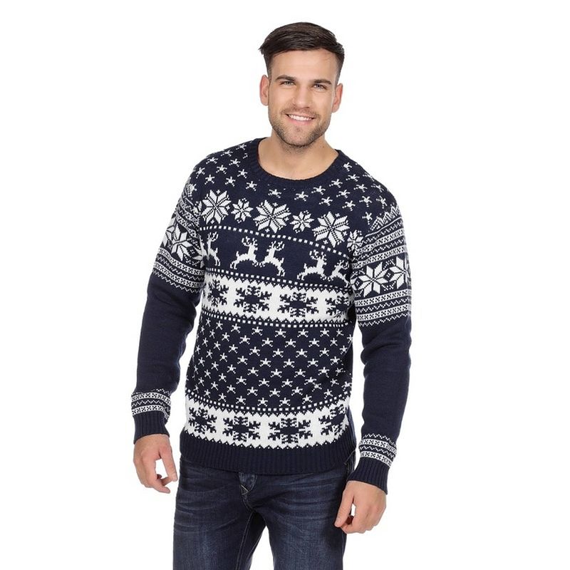 Foto van Donkerblauwe kerst sweater met rendieren voor heren 56 (2xl) - kerst truien