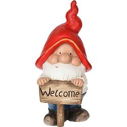 Foto van Pro garden tuinkabouter beeld welcome - polystone - met grote muts rood - 44 cm - tuinbeelden