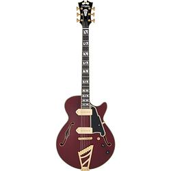 Foto van D'sangelico deluxe ss baritone satin trans wine semi-akoestische bariton gitaar